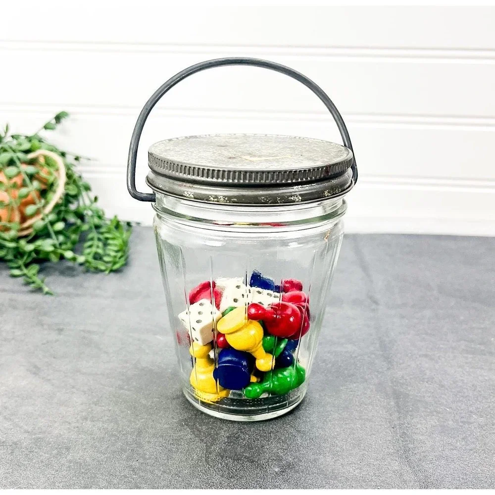 Vintage‎ Board Game Pieces in Mason Jar: Trinket Shelf Decor